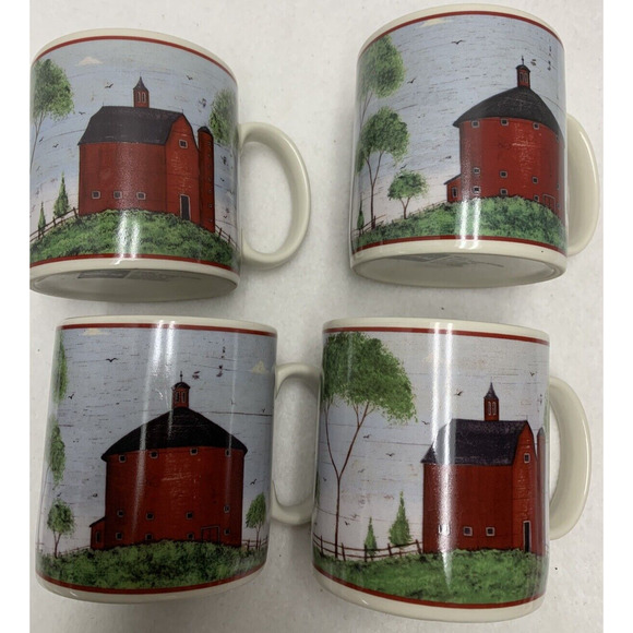 Set of 4 Barn Mugs Warren Kimble Barns by Sakura NY 1998 Ceramic C Handle Coffee - Picture 1 of 10